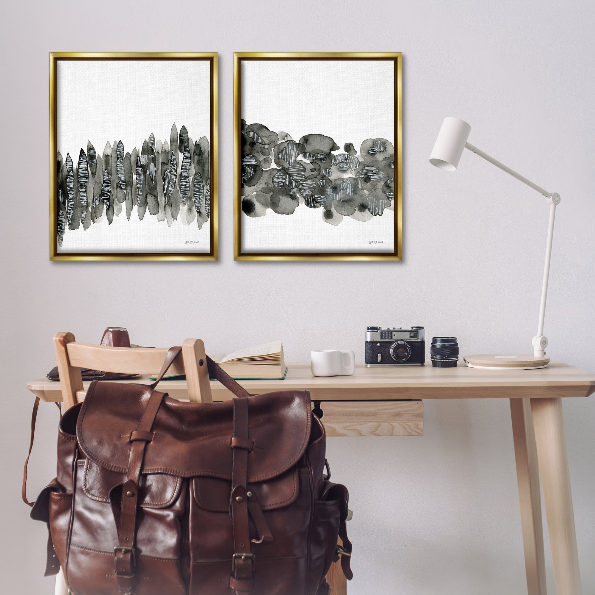 Stupell Industries Abstract Charcoal Kindling Abstract Painting Gold Floater Framed Canvas Art Print Wall Art, 31 x 25, Set of 2