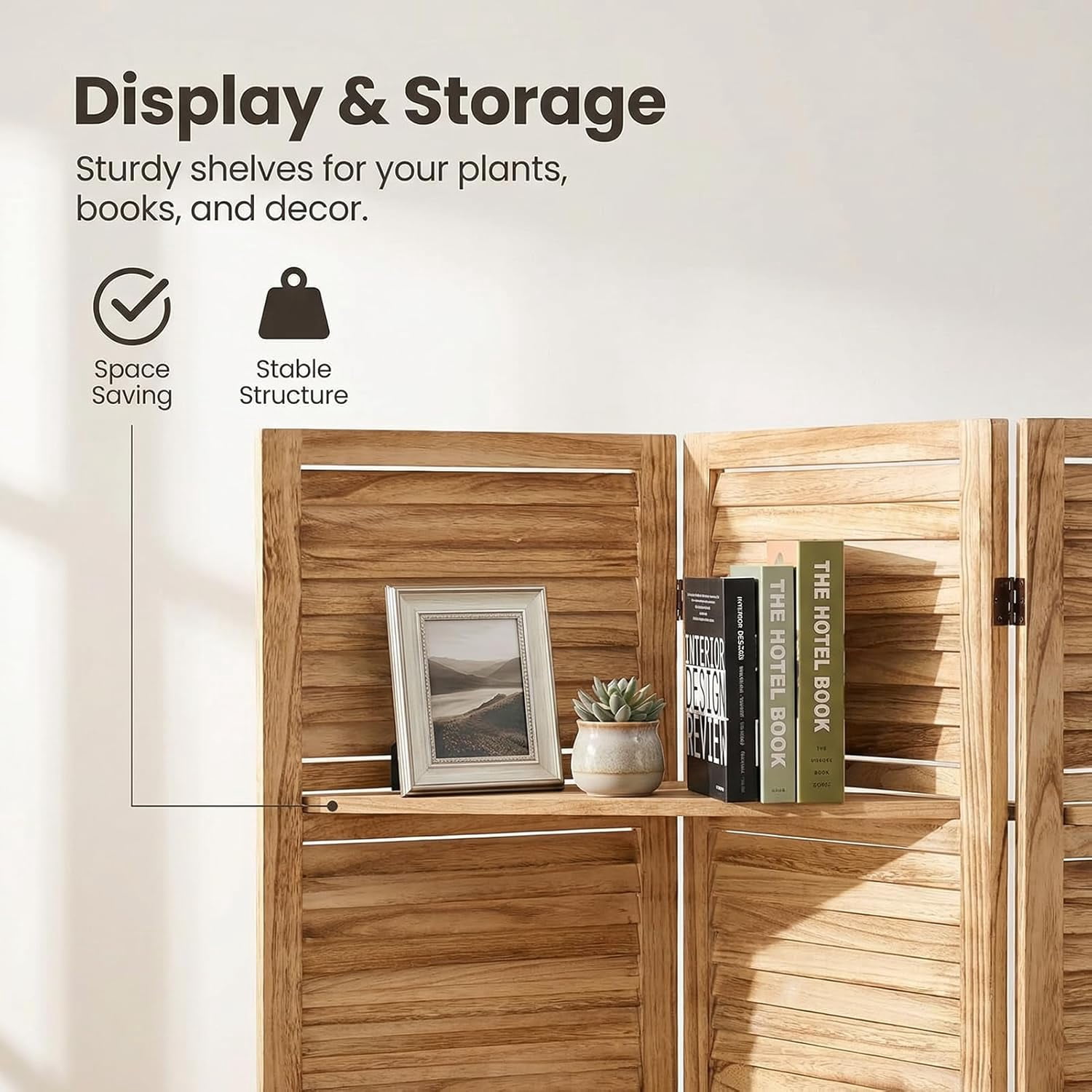 4 Panel Bamboo Room Divider with Shelves, Lightweight Privacy Screen for Bedroom Home Office, No Assembly Required