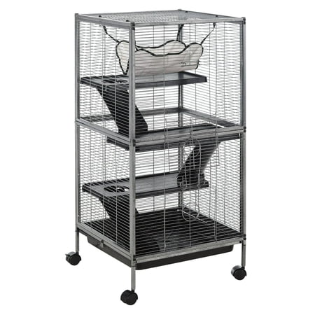 TENGDA Large Gray 4Tier Rolling Metal Small Animal Cage with Hanging Hammock Ramps & Slide-Out Waste Tray Spacious Multi-Level Habitat for Ferrets Chinchillas Sugar Gliders Kittens