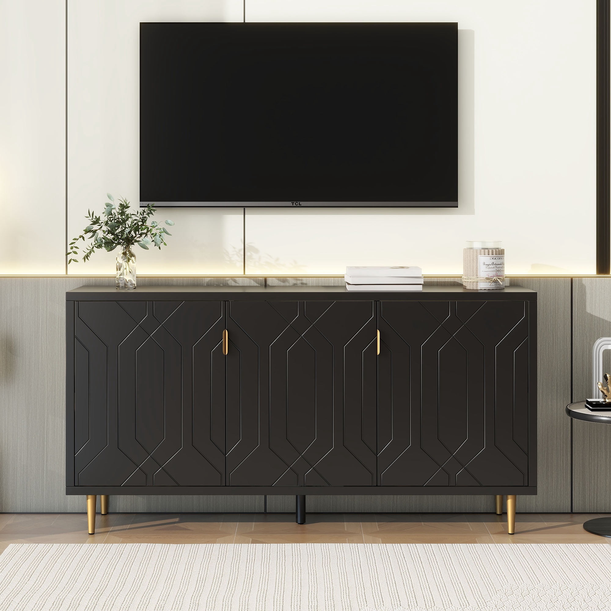 Euroco Modern TV Stand with 3 Doors and Adjustable Shelves, Fits TVs Up to 70 Inches