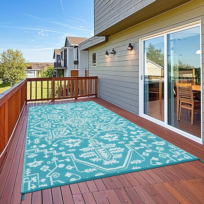 Waterproof Outdoor Rug 9x18 Reversible Plastic Straw Patio Rug, Stain-Resistant Vintage Medallion Carpet, Large Indoor Outdoor RV Mat for Deck, Camping, Balcony, Light Blue/White