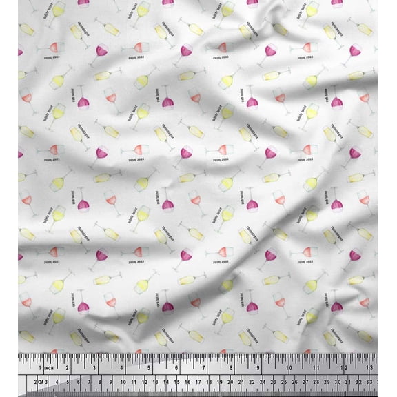 Soimoi White polyester Crepe Fabric Text & Wine Glass Bar Print Fabric by the Yard 42 Inch Wide