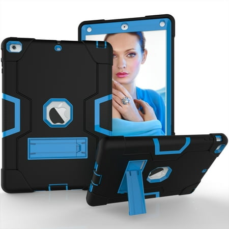 Allytech iPad Air Case, iPad A1474/A1475/A1476 Kids Proof Case,Three Layer Heavy Duty Shockproof Armor Defender Protective Case Cover with Kickstand for Apple iPad Air 1st 2013 (Black/Blue)