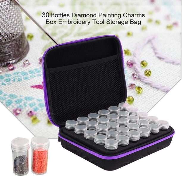 Caja de 30 botellas de dijes para pintura de diamantes, bolsa de almacenamiento para herramientas de bordado (púrpura)