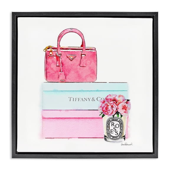 Stupell Industries Contemporary Pink Purse on Stacked Boxes Black Floating Frame Canvas Art, 18 x 18, by Amanda Greenwood