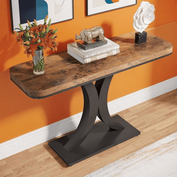 39.4" Industrial Console Table - Rustic Brown Wood Grain with Curved Edge, Heavy-Duty Geometric Base, Narrow Entryway Table for Living Room, Hallway & Foyer
