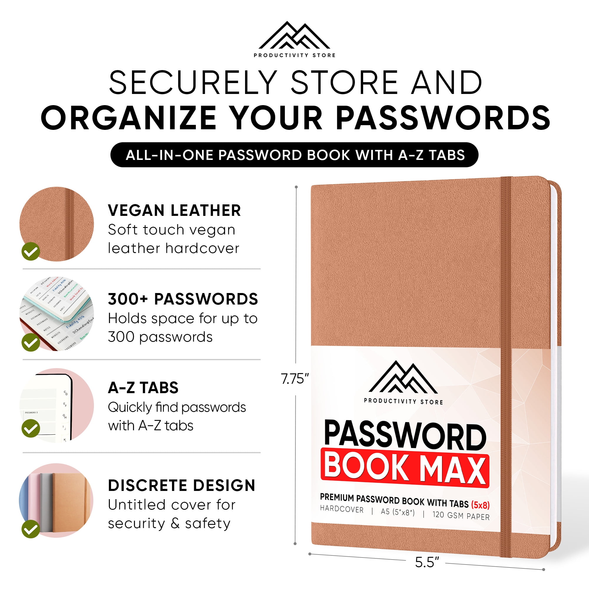 PRODUCTIVITY STORE Best Password Book With Alphabetical Tabs | Password Book, Organizer & Notebook | Password Keeper To Keep Website Logins & Passwords Safe | Leather| Medium 5x8