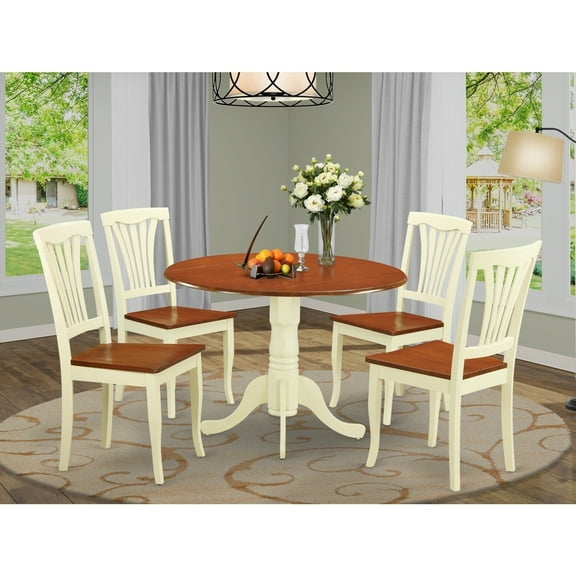 Kitchen Table Set for 4, Round Dining Table with Dropleaf & Chairs - Buttermilk and Cherry Finish
