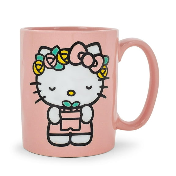 Sanrio Hello Kitty Flower Badge Wax Resist Ceramic Pottery Mug | Holds 18 Ounces