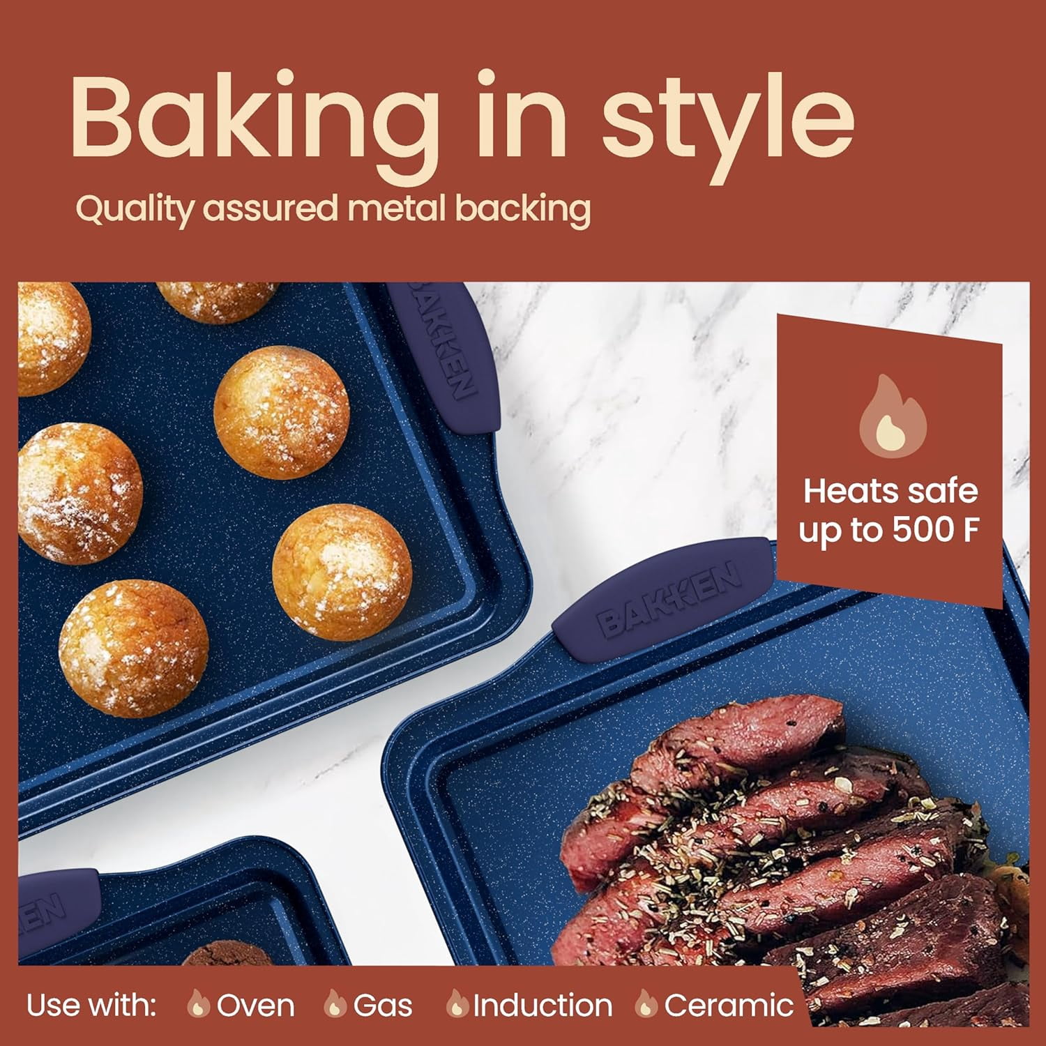 Bakken- Swiss Kitchen Baking Pan Set - Nonstick Coating, Carbon Steel Bakeware Sets with Blue Silicone Handles, Baking Kitchen Essentials, Oven Safe Tray (Up To 450° F), Set of 18