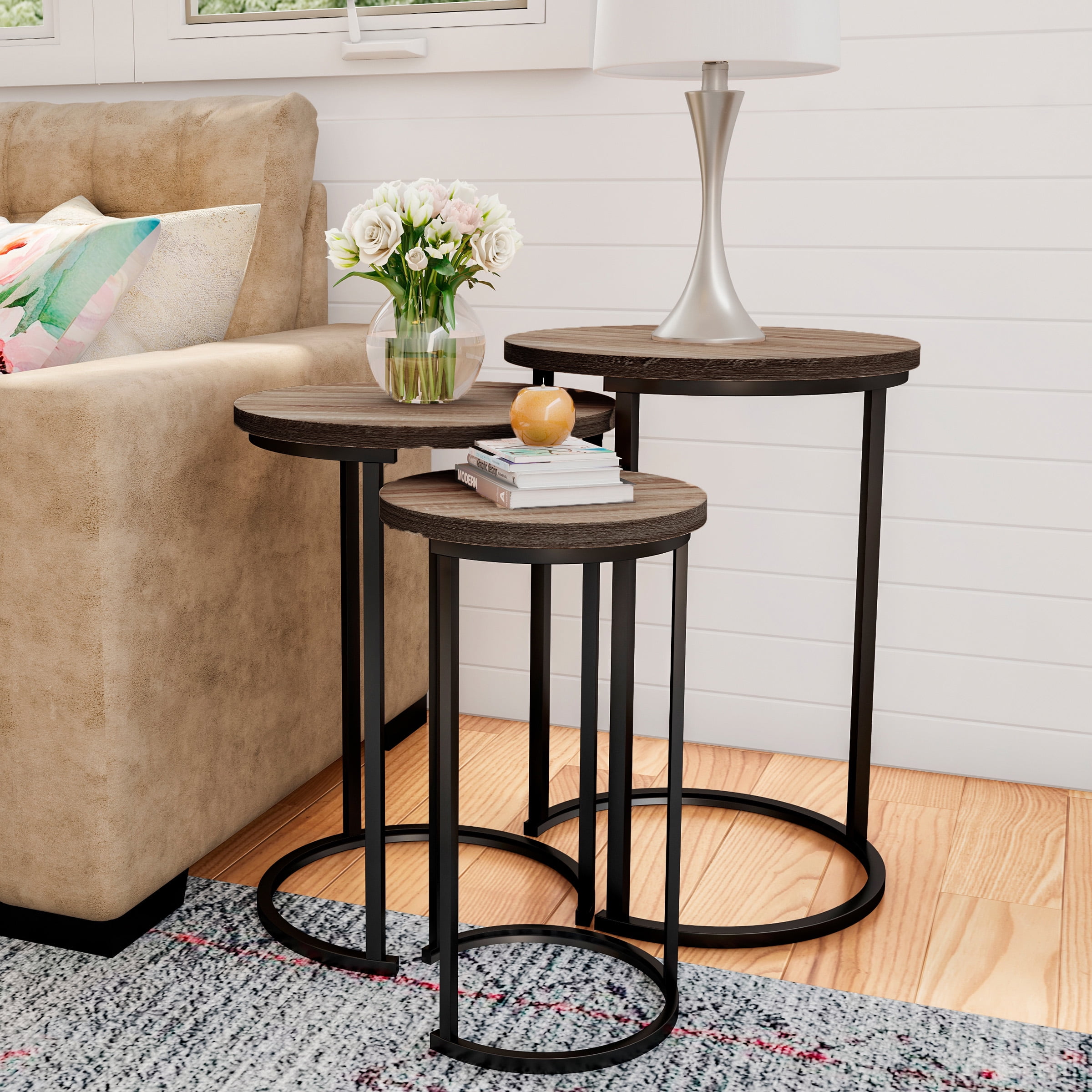 Lavish Home Round Nesting End Tables With Metal Base Set Of 3 Brown