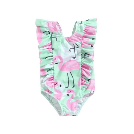 

Ma&Baby Infant Toddler Baby Girls Summer Bikini Jumpsuit Dinosaur/Flamingo/Leaf Print Ruffled Sleeveless Swimsuit