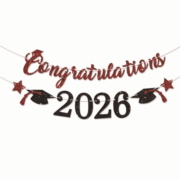 Congratulations 2026 Graduation Banner, Red and Black Glitter, Party Decoration with Grad Cap and Star Accents