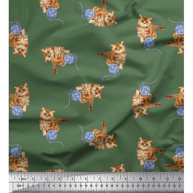 Soimoi Crepe Silk Fabric Wool & Cat Animal Print Sewing Fabric Yard 42 Inch Wide