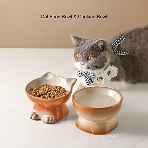 Elevated Cat/Dog Bowls Set : 5 Inch Ceramic Raised Cat Food & Water Bowl Set for Protecting Pet's Spine - Feeding & Watering Supplies for Pets - Elegant Brown (2 PC)