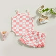 thumbnail image 4 of Infant Baby Girl Summer Clothes Set Checkerboard Plaid Floral Print Sleeveless Romper+Ruffle Shorts Outfit, 4 of 9