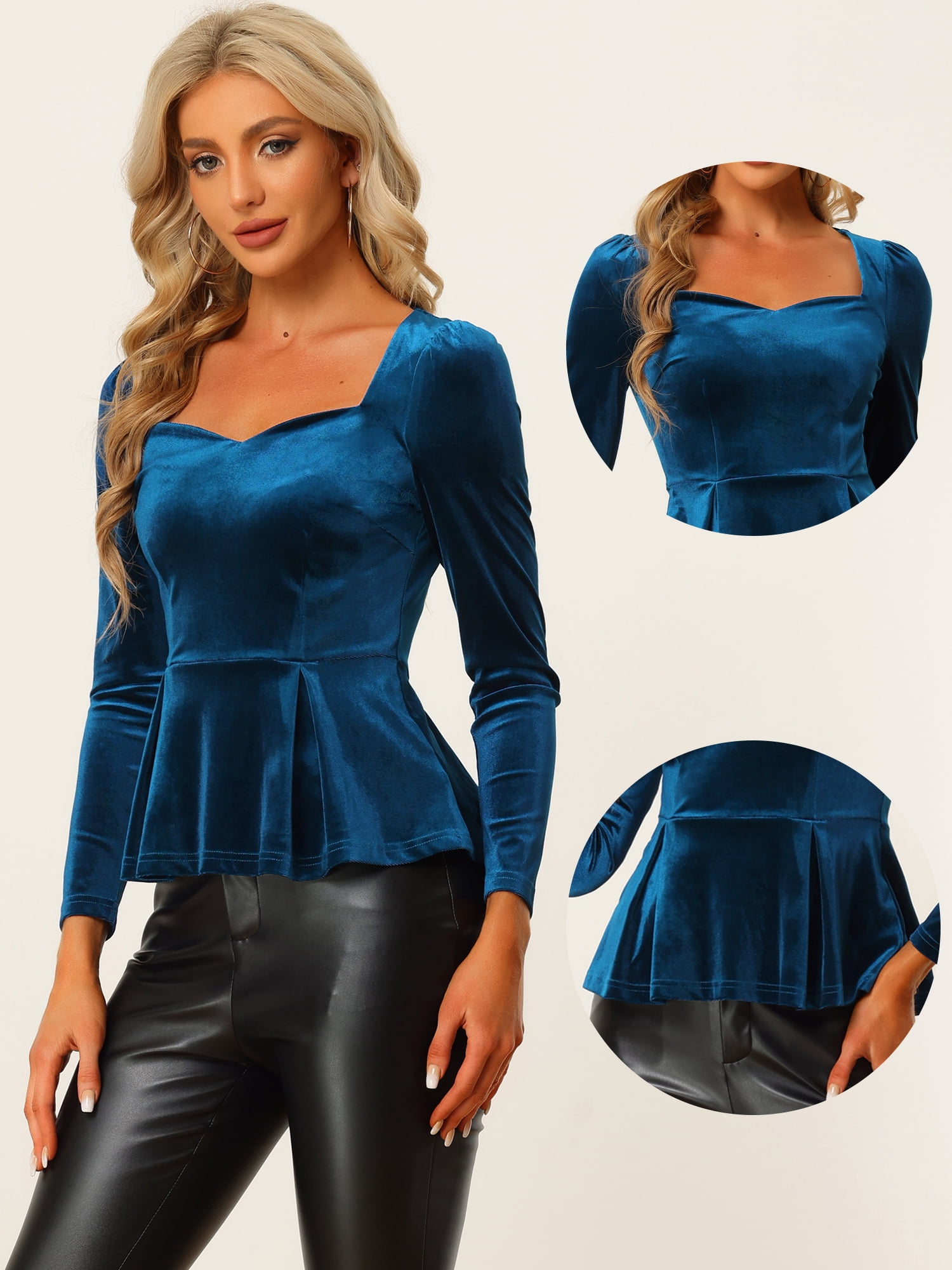 DARING DIVA Elegant Velvet Sweetheart Neck Peplum Top XS Dark Blue