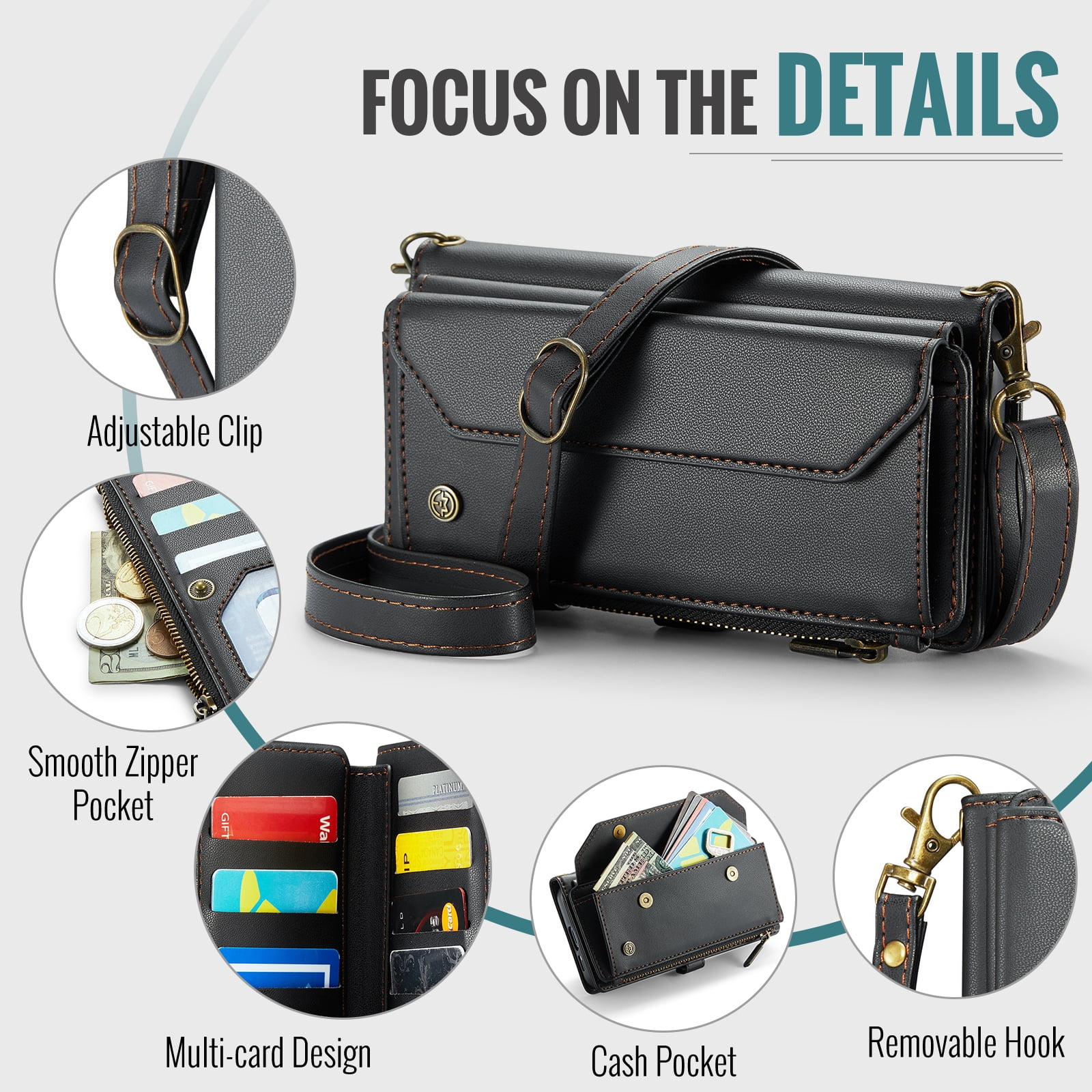 for Samsung Galaxy S24 Full Body Protection Wallet Folio Flip Case, Shoulder Strap & Wristlet Card Slots Zipper Pocket RFID Blocking Rugged Durable PU Leather Phone Case Cover, Black