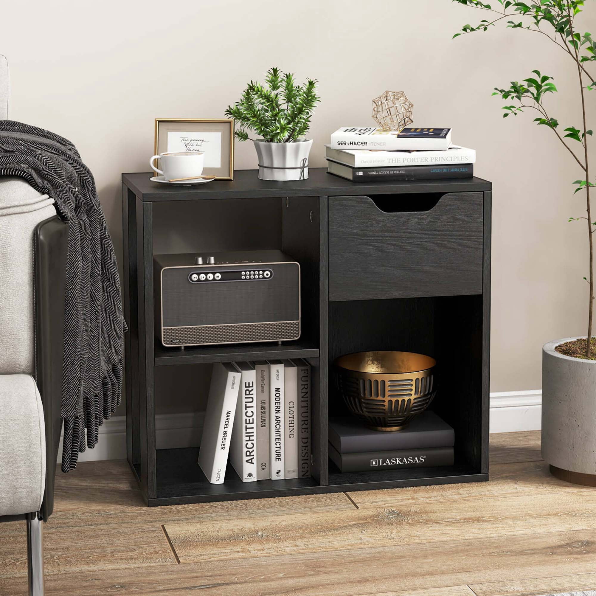 Costway 2 PCS 3-Cube Bookcase Organizer with 2-tier Wooden Storage Shelf & Pull-out Drawer