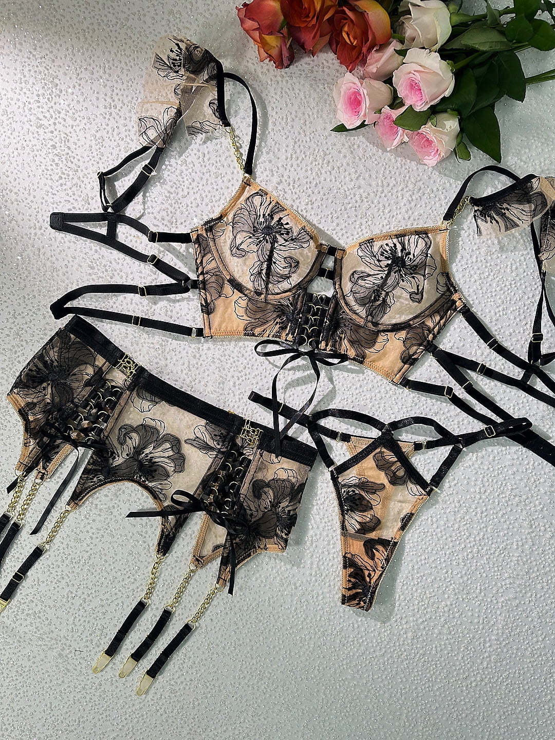 Black&Nude Ribbon Sculpting Body Lingerie Set (S)