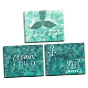 Fun Teal"Be A Mermaid In A Sea Of Fish,"Ocean Child" and"Salty And Sweet" Set; Three 20x16in Hand-Stretched Canvases