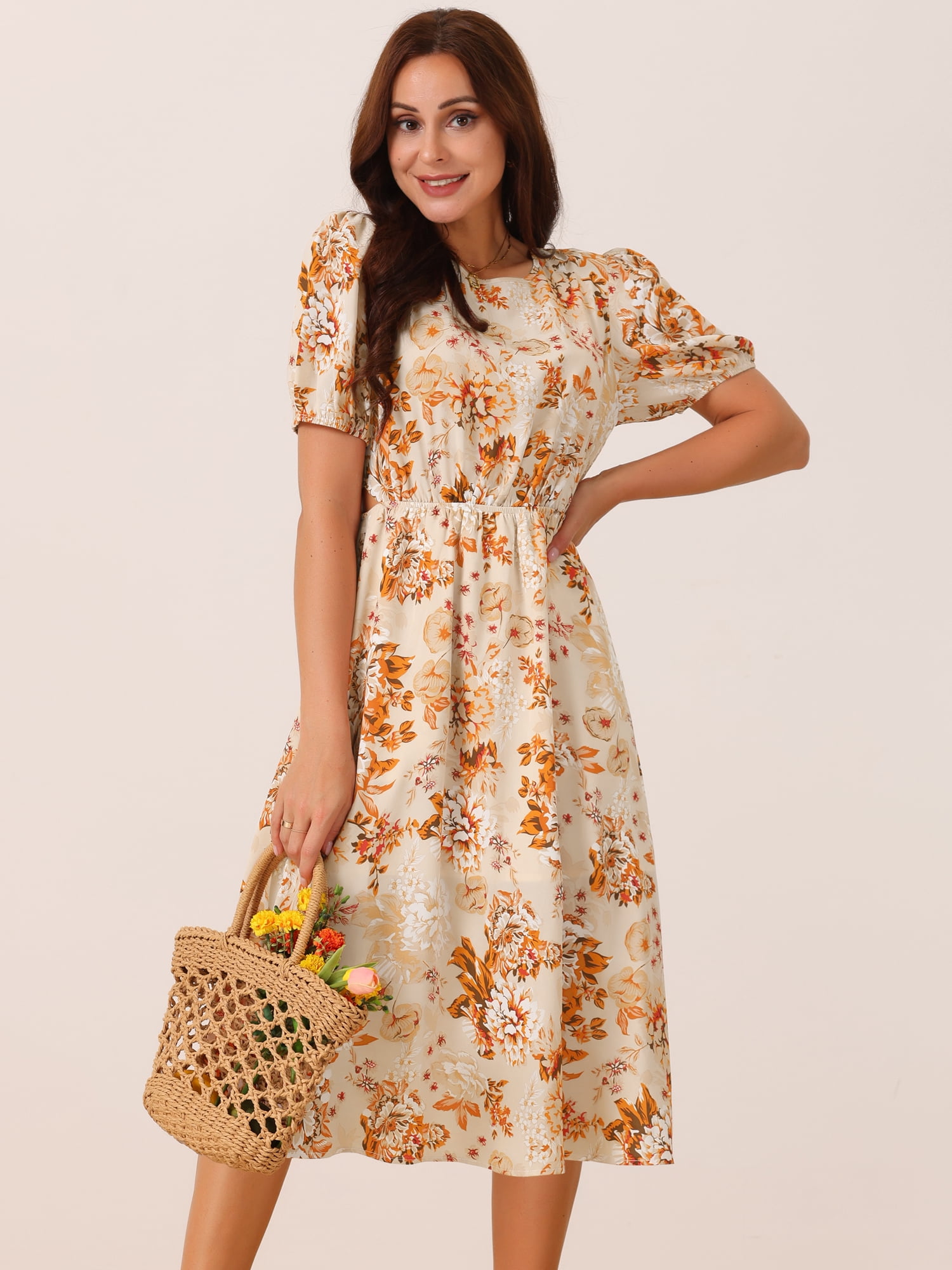 DARING DIVA Women's Puff Sleeve Cutout Waist Midi Floral Dress with Pockets L Orange