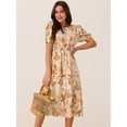 thumbnail image 3 of DARING DIVA Women's Puff Sleeve Cutout Waist Midi Floral Dress with Pockets M Orange, 3 of 5