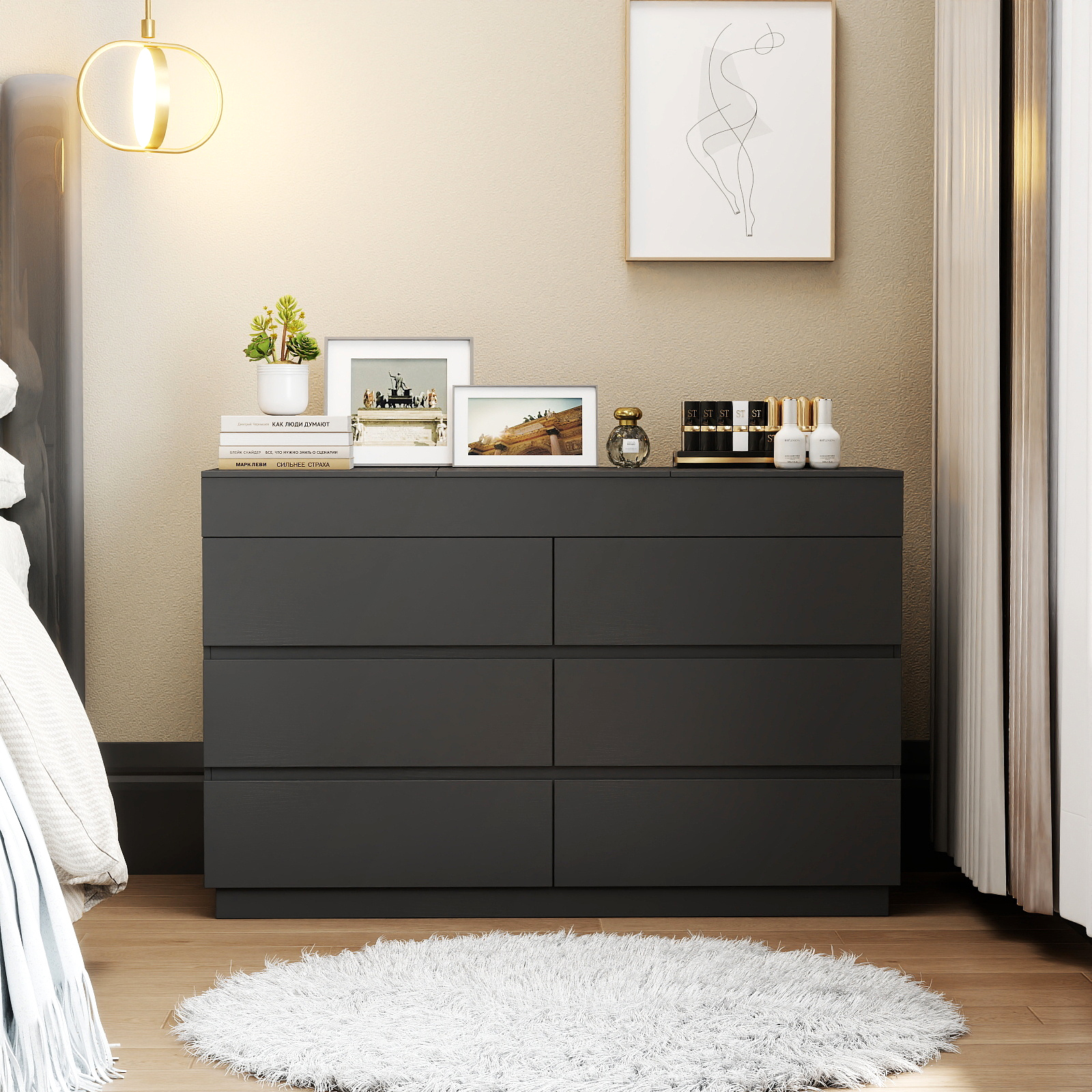 Six Drawers Cabinet With Mirror, P2 12mm Particleboard With Melamine Veneer, 120*40*85.5cm
