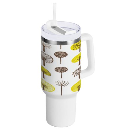 Teal Green Leaves on Beige Insulated Tumblers 40oz Double-Walled Stainless Steel Water Bottles Car Handle