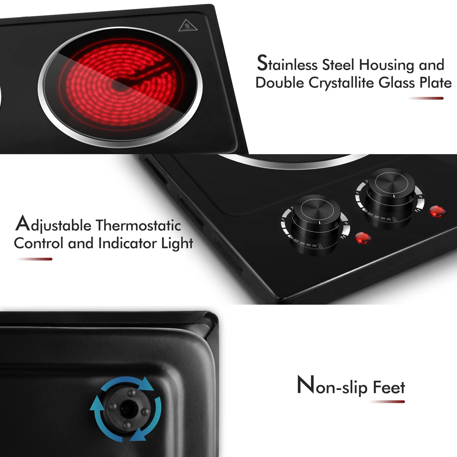 CUSIMAX 1800W Ceramic Electric Double Burner, Dual Control Infrared Cooktop, Portable, Glass Plate, Stainless Steel, Black.