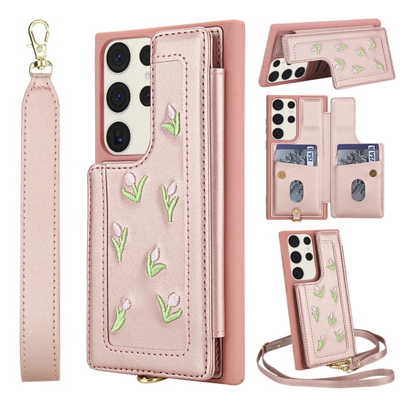 for Samsung Galaxy S23 Ultra Wallet Case, Magnetic Snap Flip PU Leather TPU Cover with Flower Design Credit Card Holder Stand Wristband Shoulder Strap Protective Phone Case for Women Girls, Rosegold