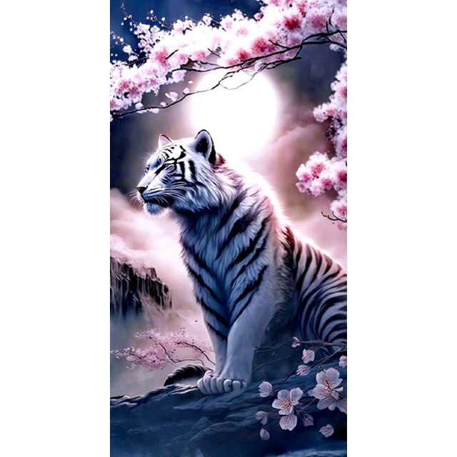 Sakura Tree Moon Mosaic Embroidery Wild Animals Rhinestone Pictures Wall Decor, 30*40 cm, frame not included.,10