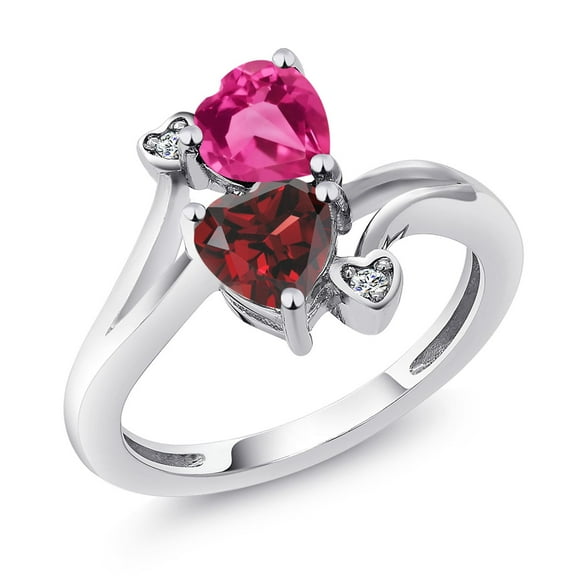 Gem Stone King 925 Sterling Silver Pink Created Sapphire Red Garnet and White Moissanite Ring for Women (1.83 Cttw, Heart Shape 6MM, Gemstone September Birthstone, Size 5)