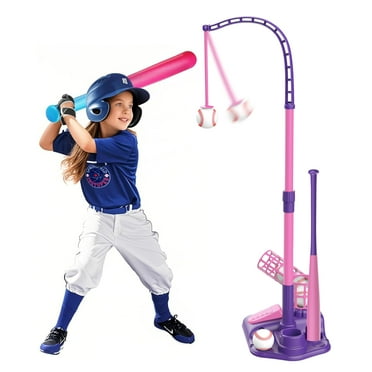 Contixo 3-in-1 Kids T-Ball Set, Hanging Tee, Adjustable Stand, Tee Popper & 6 Soft Balls, Indoor & Outdoor Baseball Toy for Ages 3-5 - Pink/Purple