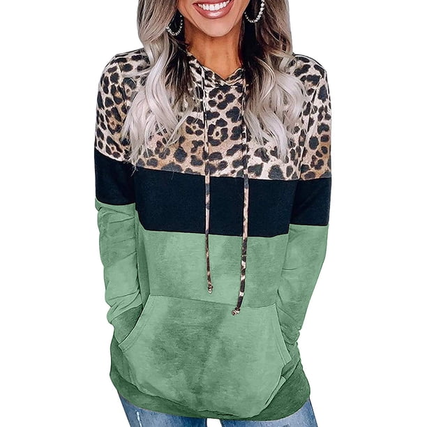 Sudadera con capucha de retazos de camuflaje de leopardo con bloque de color para mujer, suéter con cordón, tops con bolsillo Zhivalor WMZY-686-11