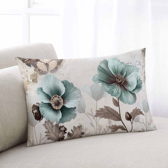 Teal Brown Spring Floral Throw Pillow Covers, Vintage Flowers Elegant Botanical Soft Breathable Pillow Cases with Zipper for Sleeping, Toddler Pillowcases for Couch Bed Sofa Chair 12x20 Inches