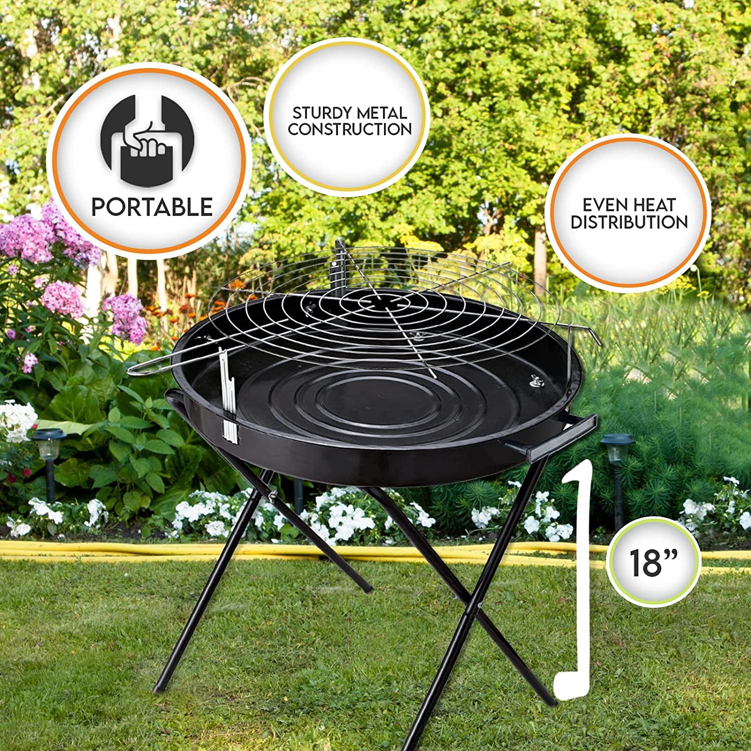 PAMI 24 Inch Round Portable Charcoal Barbecue Grill with Lid & Handles, Standing BBQ Grill for Outdoor Cooking