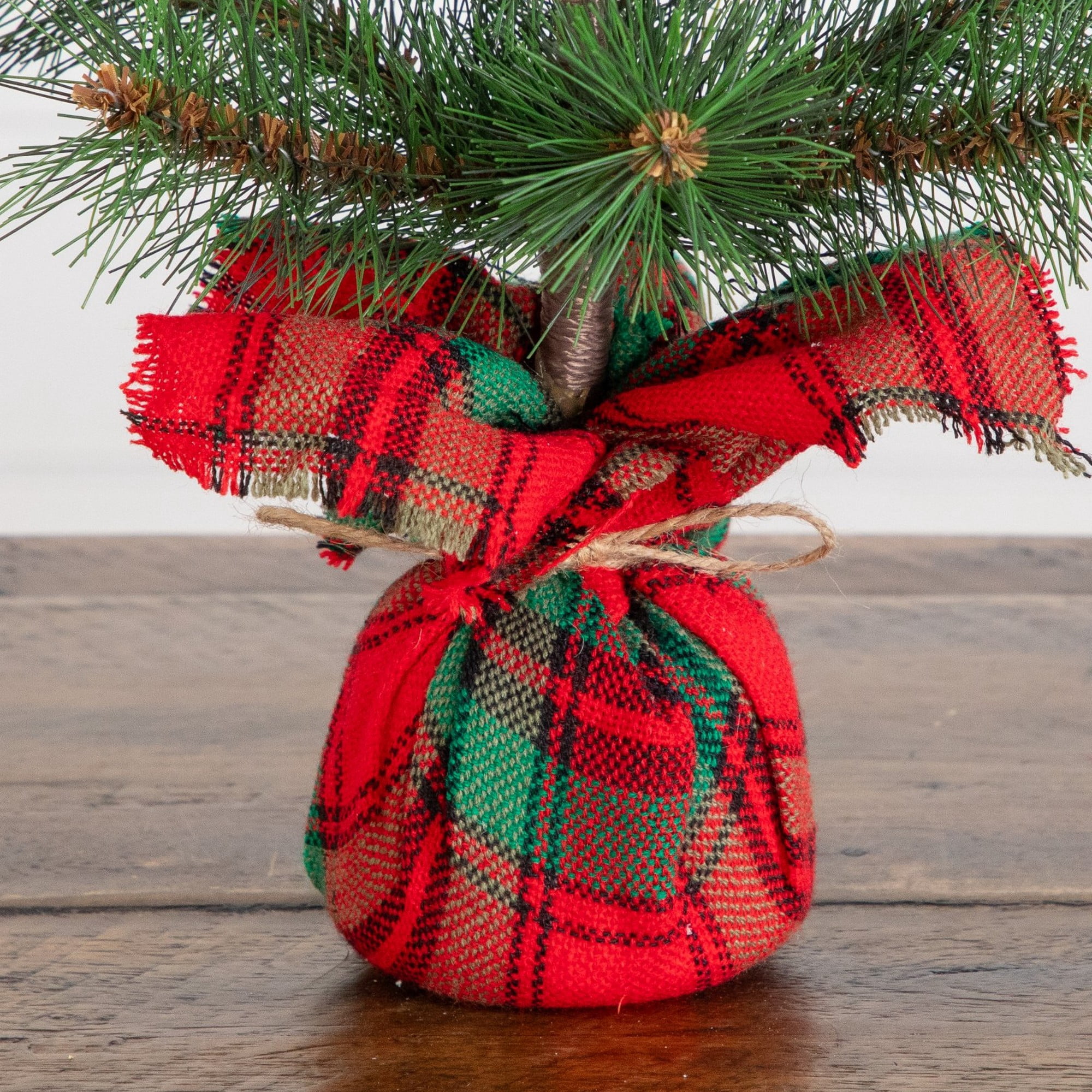 16in. Artificial Christmas Tree with Tartan Plaid Flannel Wrapped Base