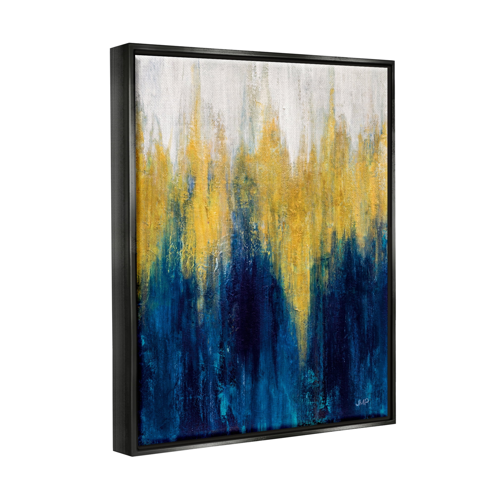 Stupell Industries Blue & Yellow Abstraction Abstract Painting Black Floater Framed Art Print Wall Art, 25 x 31