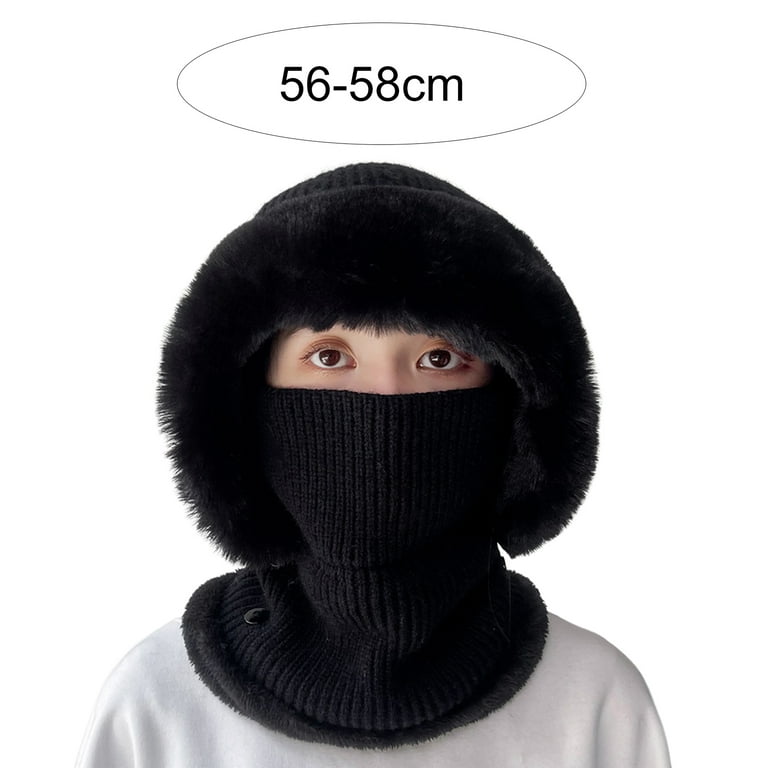Yirtree Winter Fleece Hood Ski Mask Knit Hat Face Mask with Faux Fur Thick Balaclava Pullover Knitted Beanie Hat Face Cover Neck Gaiter Warmer Beanie