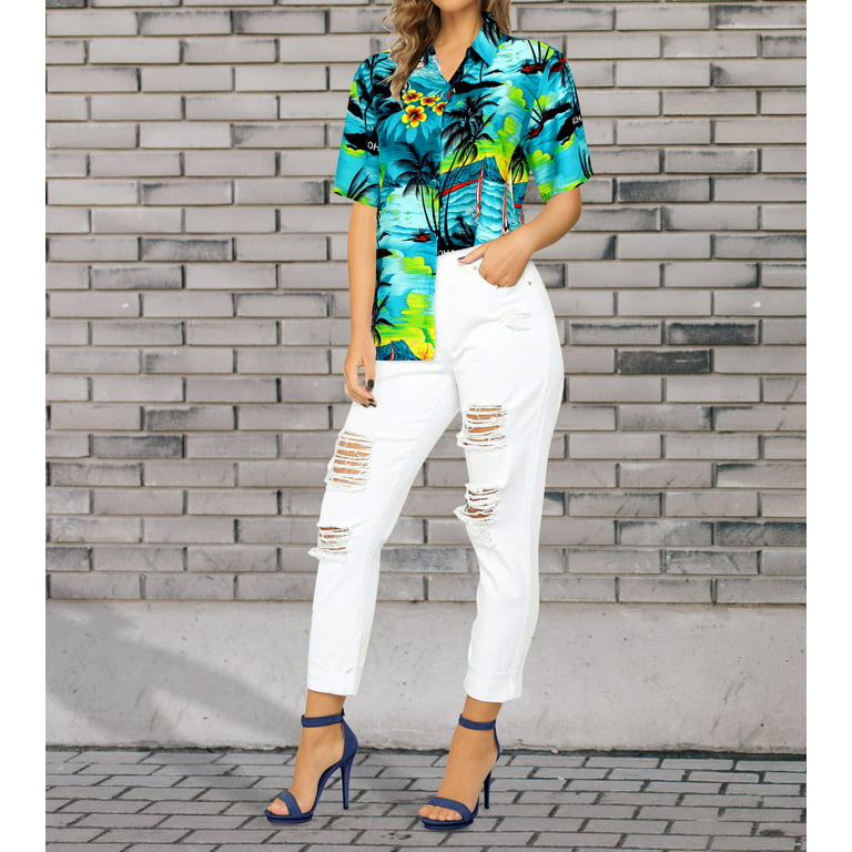 Happy Bay Women's Plus Size Summer Casual Hawaiian Shirt Button Down L Teal_W932, Size: 38-40, Blue