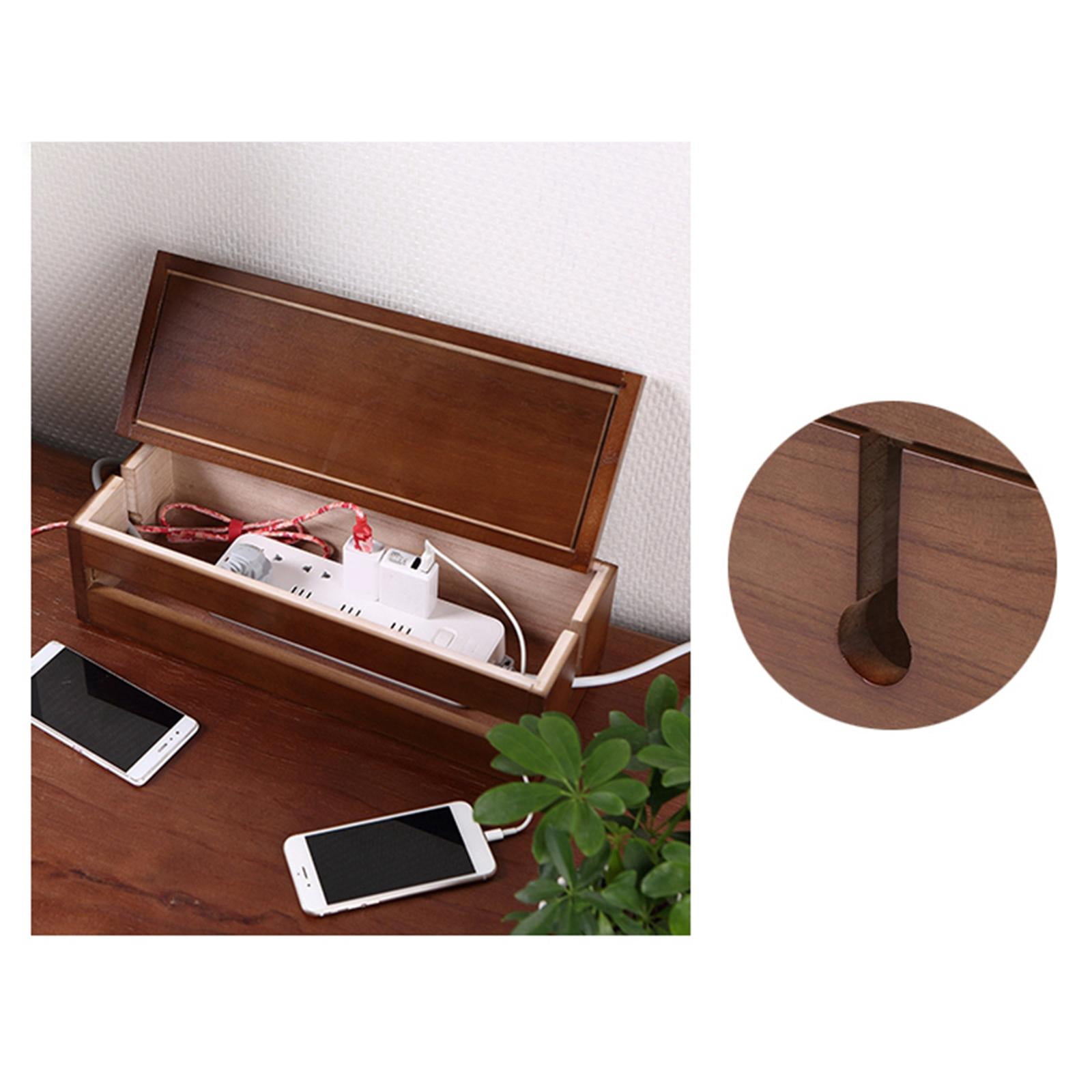 Wooden Large Cable Management Box Organizer, Cord Storage Holder Cable Hider for Hiding Cables And Extension Blocks Leads, 37x14x12cm, Coffee
