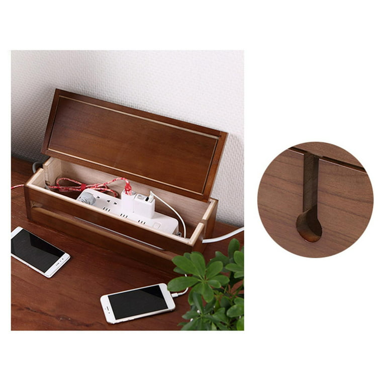 Wooden Large Cable Management Box Organizer, Cord Storage Holder Cable Hider  for Hiding Cables And Extension Blocks Leads, 37x14x12cm, Coffee 
