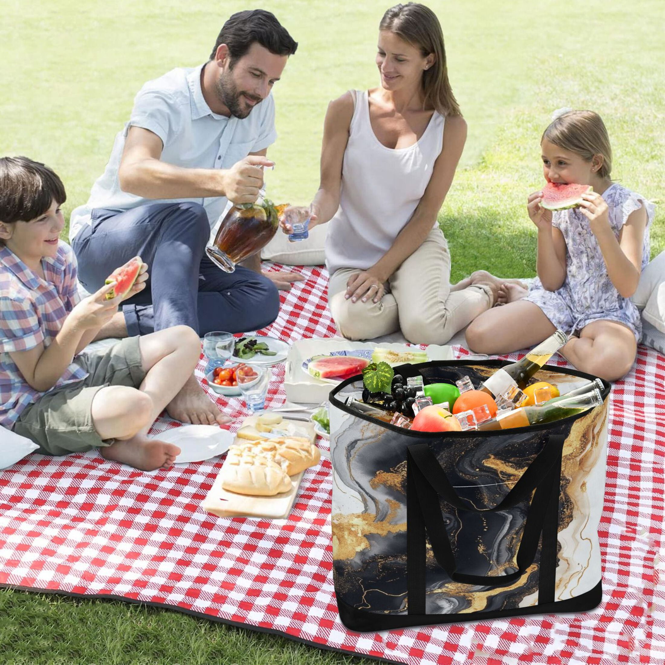 Large Hand-held Ice Pack Picnic Bag Insulation and Refrigeration Suitable for Shopping Picnics and Camping Black Marble