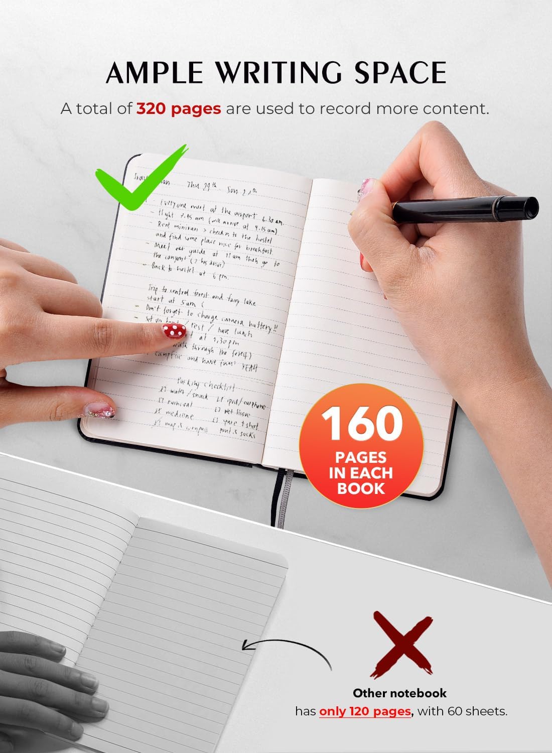 2-pack total 320 pages, pocket notebook, small notebook, 3.7" x 5.7" pocket notebook