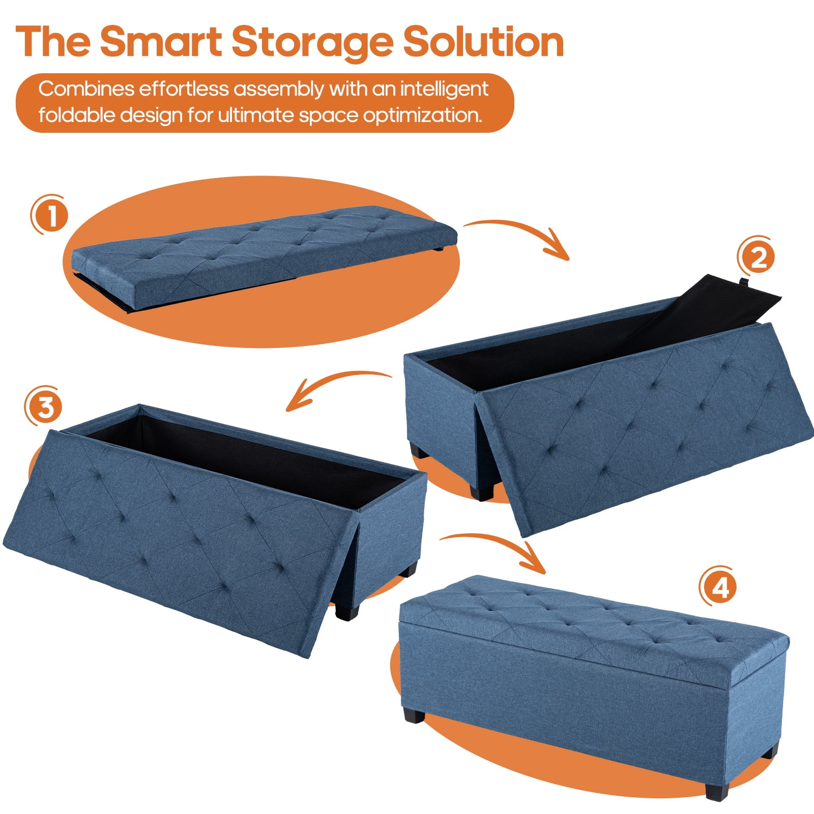 CONCETTA Versatile Storage Ottoman Bench, Tufted Upholstered End of Bed Chest, Foot Rest with Legs, Ample Capacity for Living Room, Entryway, Blue