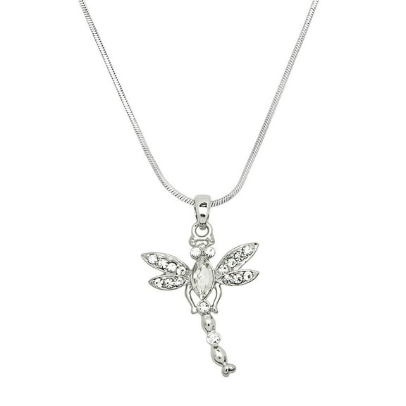 Dragonfly Pendant Necklace Clear Rhinestone Crystal Rhodium Plated 17 Inch Snake Chain J0184