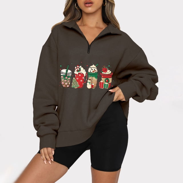 2023 Sweat à Capuche de Noël pour Femmes Mode Décontractée Col à Revers Manches Longues T-Shirt Ample Blouse Pull Tops en Solde