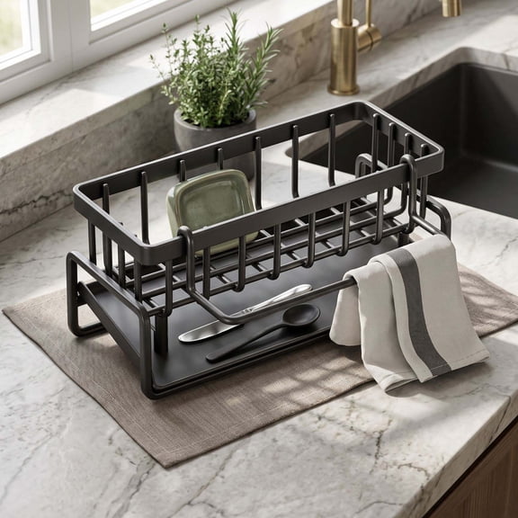 Rustproof Metal Kitchen Sink Caddy Sponge Holder with Removable Drip Tray, Soap Dispenser and Brush Organizer for Countertop