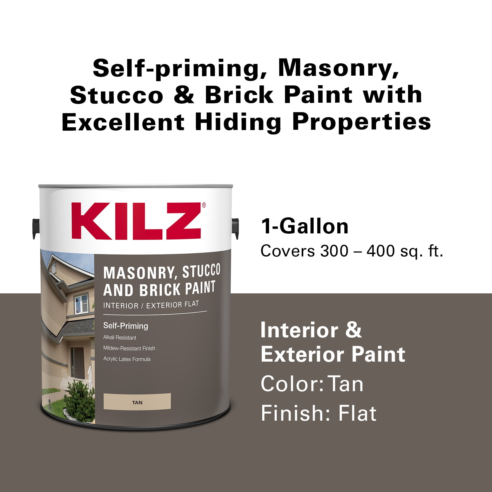 KILZ Self-Priming Masonry, Stucco and Brick Paint, Interior/Exterior, Flat, Tan, 1 Gallon